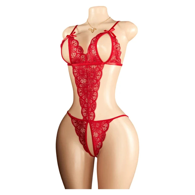Sexy Red Crotchless Lingerie Open Back Bras BodySuits Transparent Erotic Costumes Deep V Sexy Lace Fishnet Hollow Underwear Set