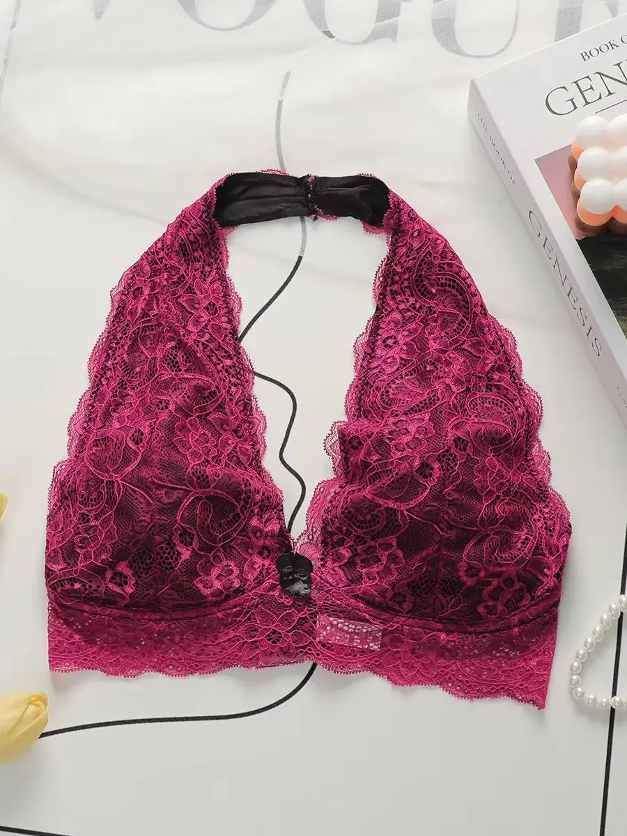 Women Floral Lace Halter Bralette Wireless Deep V Plunge Bow Decor Backless Bra Hollow Out Breathable Sexy Daily Lingerie A563