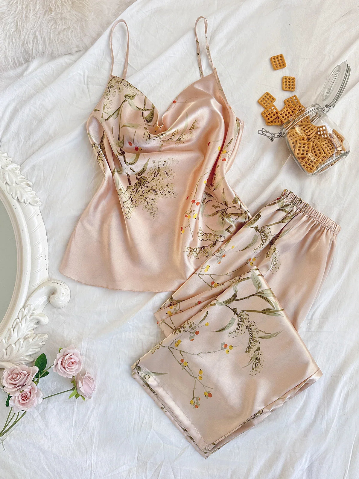 Women Cherry Print Satin Pajamas Set Cowl Neck Cami Top with Long Pants Elegant and Retro Loungewear Sleepwear Set