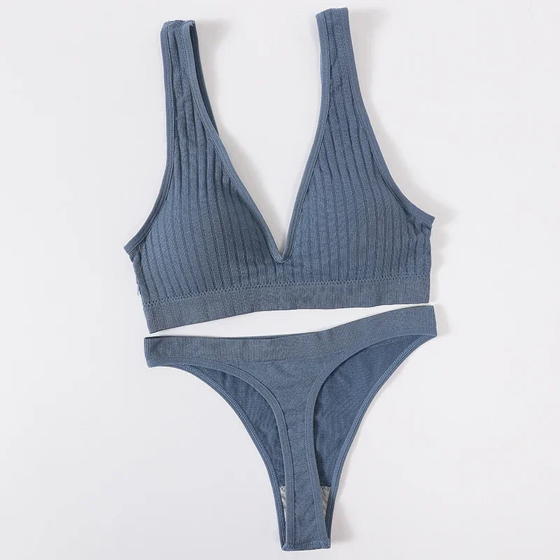 Women Seamless Bra And Panties Set Push Up Bras High Leg Cut Thongs Sport Wireless Brassiere Sexy Lingerie Ribbed Underwear