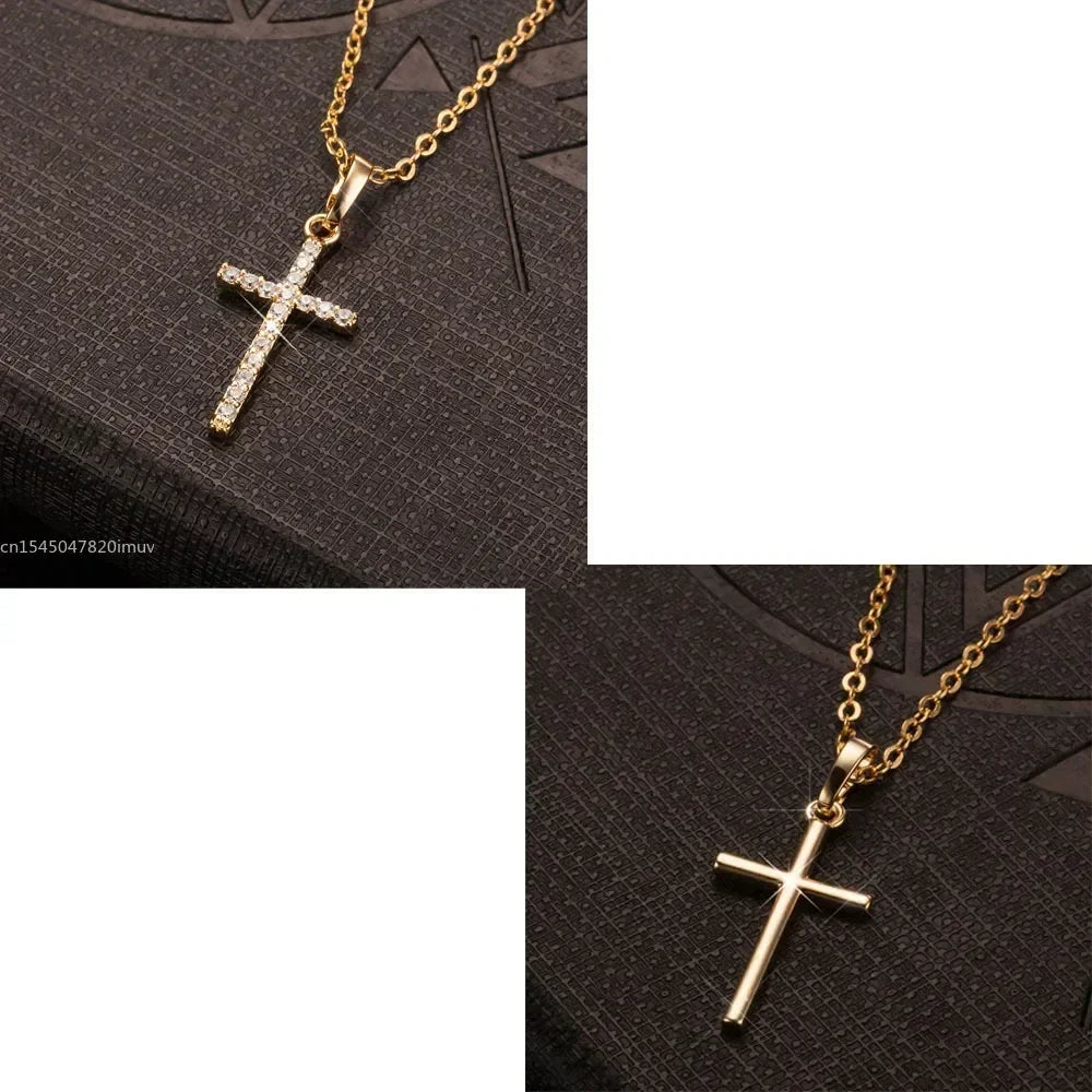 Luxury Zircon Cross Pendants Necklace Fashion Light Golden Silver Color for Men Women Jewelry Chain Accessory