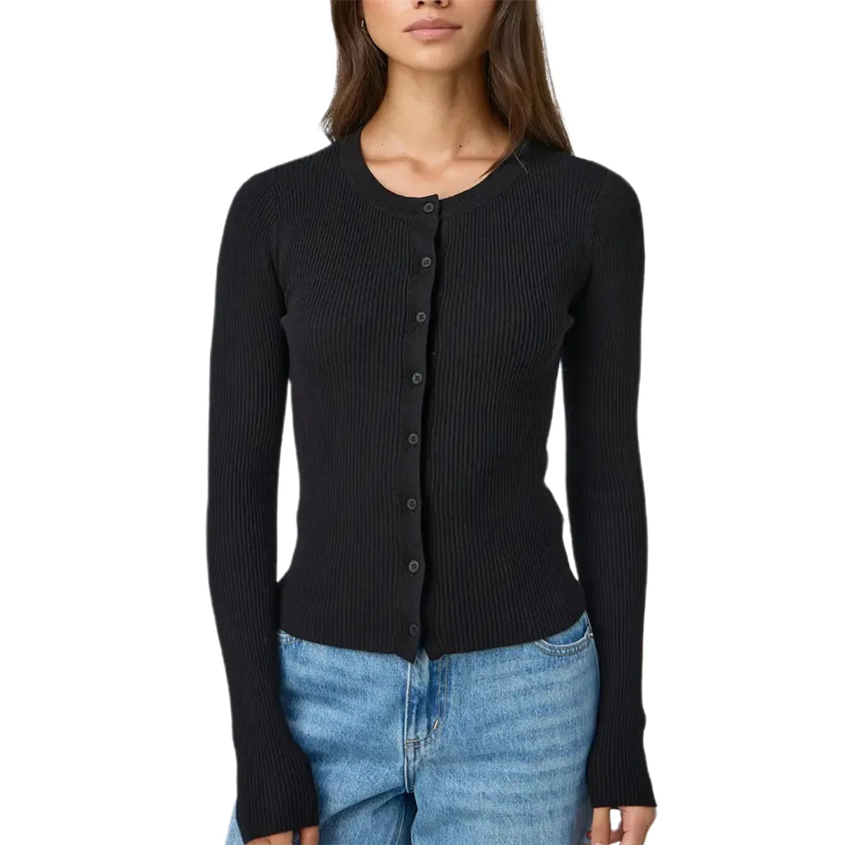 Autumn Winter Sweater Cardigan Women Solid Color Long Sleeve Round Neck Button Up Ribbed Knitwear Slim Coat