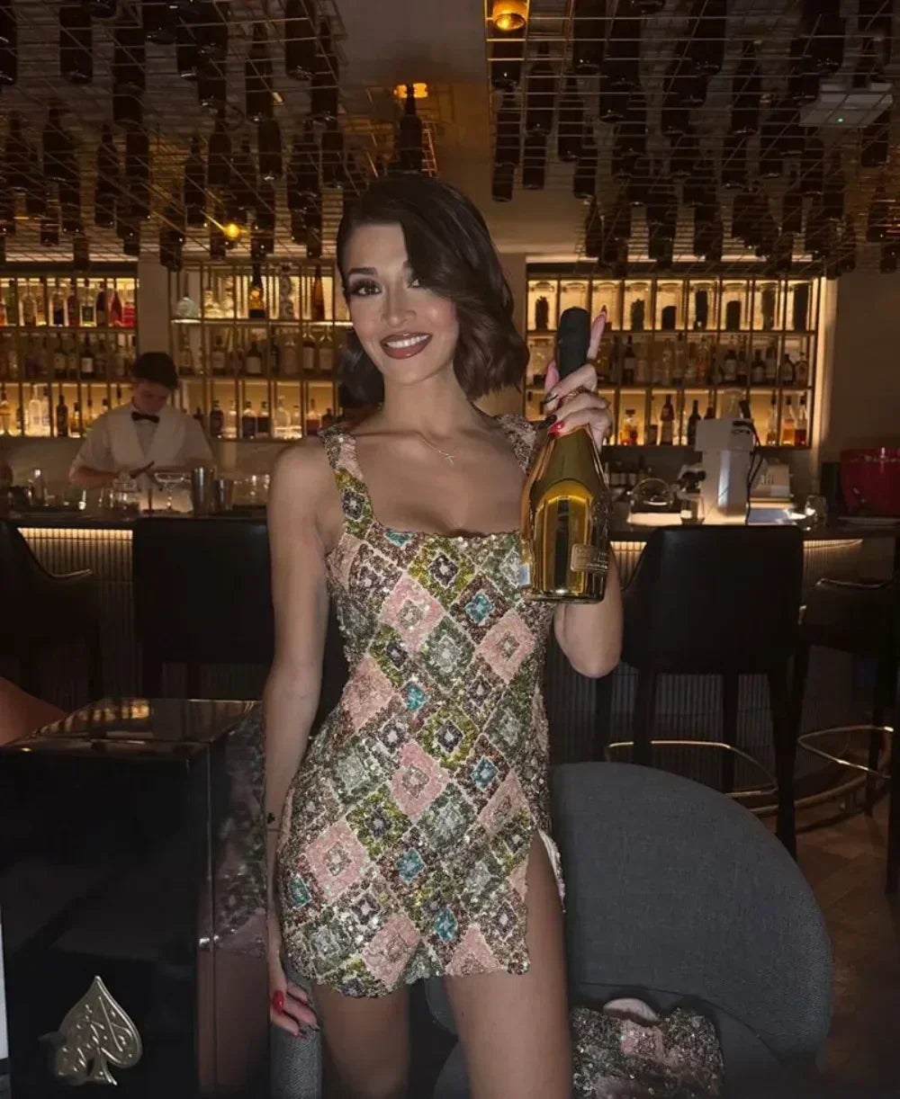 Colorful Rhombus Sequins Sexy Mini Dress Elegant Chic Straps Slit Bodycon Party Dresses Summer Holidays Evening Women Dress 2025