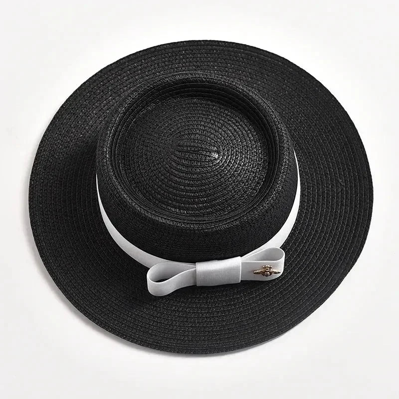 NEW Spring Summer Straw Hats for Women Round Bumpy Surface Flat Top Bowknot Dress Cap Travel Beach Sun Hat Gorra
