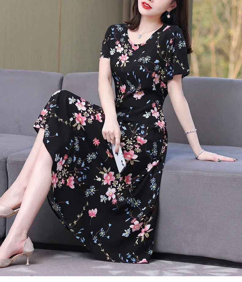 New Fashion Casual 2024 Summer Elegant Dresses For Women O-Neck Print Vintage Short Sleeve Dress Loose Women Clothing