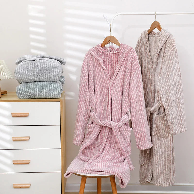 1pcs Unisex Autumn Stripe Bathrobe Hooded Kimono Bath Robe Night Cozy Sleepwear Women Dressing Gown Home Clothes 2025 New
