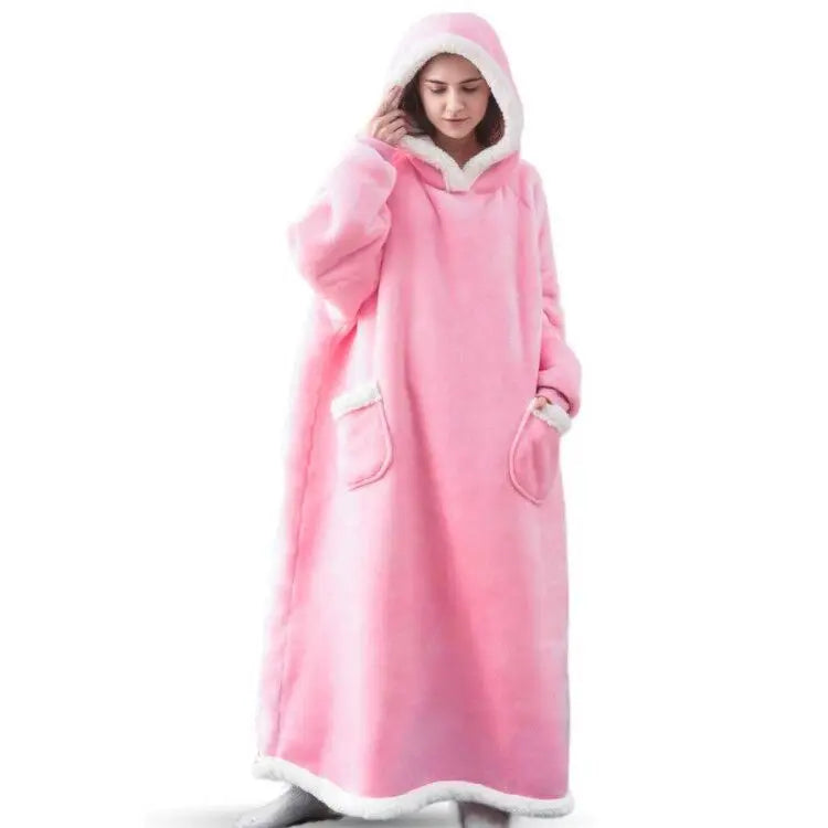 New 120/150cm Winter Thick Blanket Extra Plush Hoodie Lengthened Large Pocket Imitation Cashmere Home Coat Fleece TV Blanket 1pc