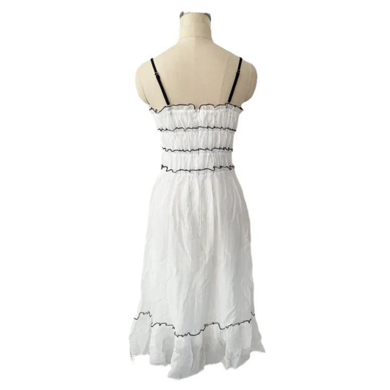 Foridol Spaghetti Strap White Sundress Flounced Edge Women&