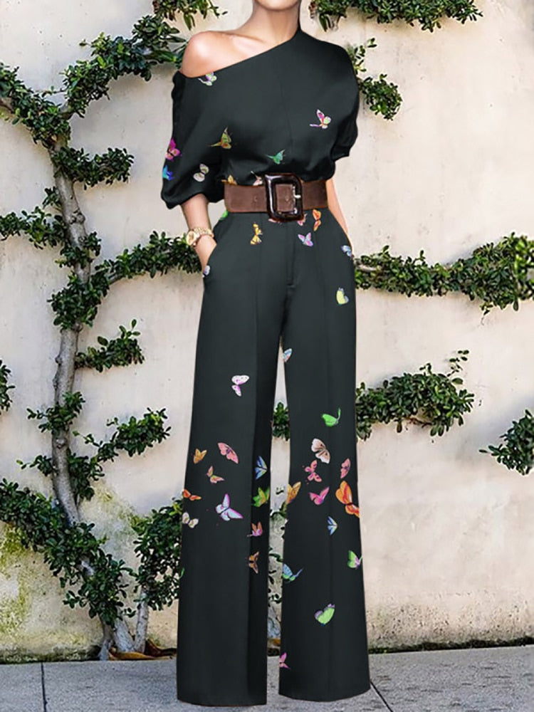 2022 Summer Pattern Print Jumpsuit Off Shoulder Romper Women Wide Leg Pant Playsuit