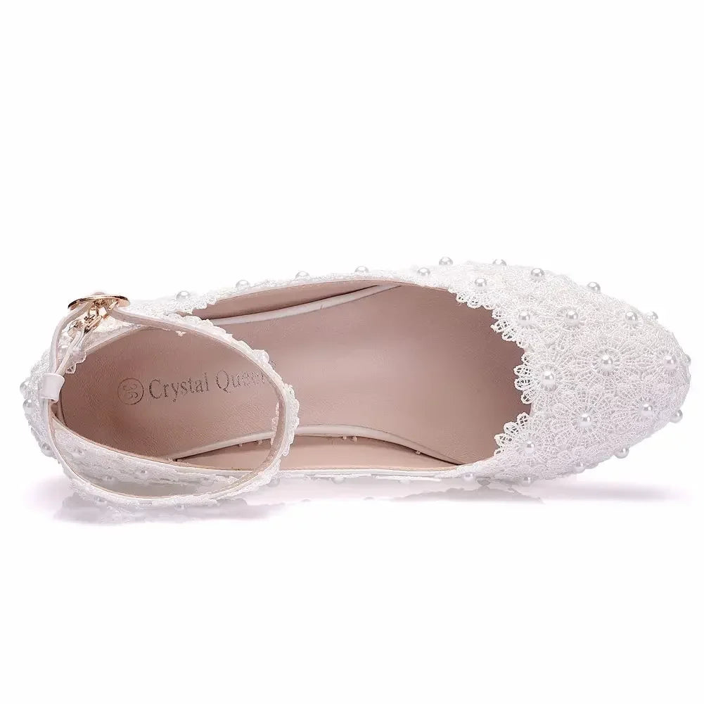 Women 3CM High Heels White Lace Pearl Wedding Shoes Sexy Bride Party Pointed Toe Shallow Mouth Pumps Shoe Bridesmaid Pink