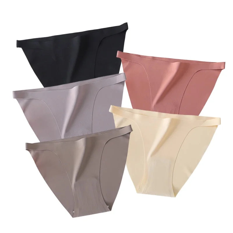 5Pcs/Set Women Seamless Briefs Ice Silk Panties Sexy Low Waist Underwear Female Underpants Solid Color Lingerie M-XL
