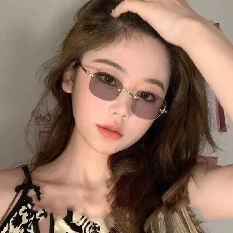 New Fashion Photochromic Myopia Glasses Vintage Rimless Square Women Men Anti Blue Light UV Sunglasses Optical Diopter Eyewear