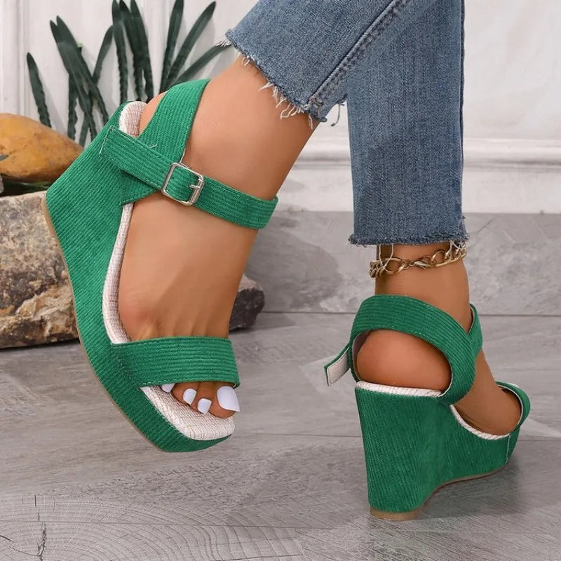 2026 New Platform Wedge Sandals Solid Color Round Headed Square Buckle High-heeled Sandals