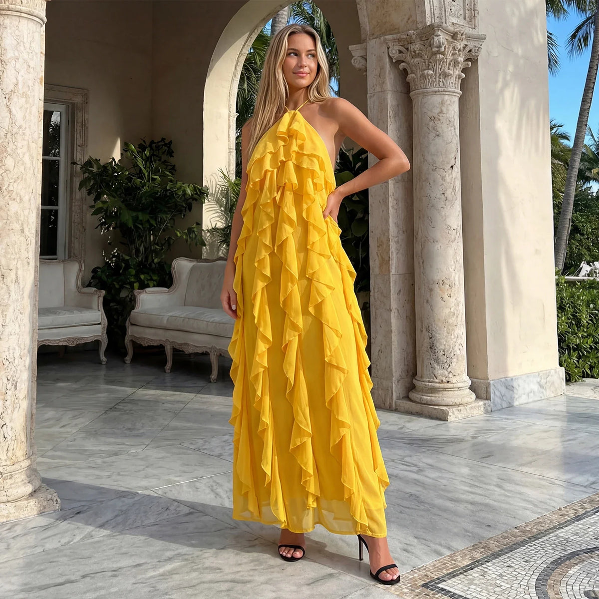 Women Fashionable Backless Sleeveless Ruffle Dresses Summer Holiday Beach Solid Color Halter Long Dress