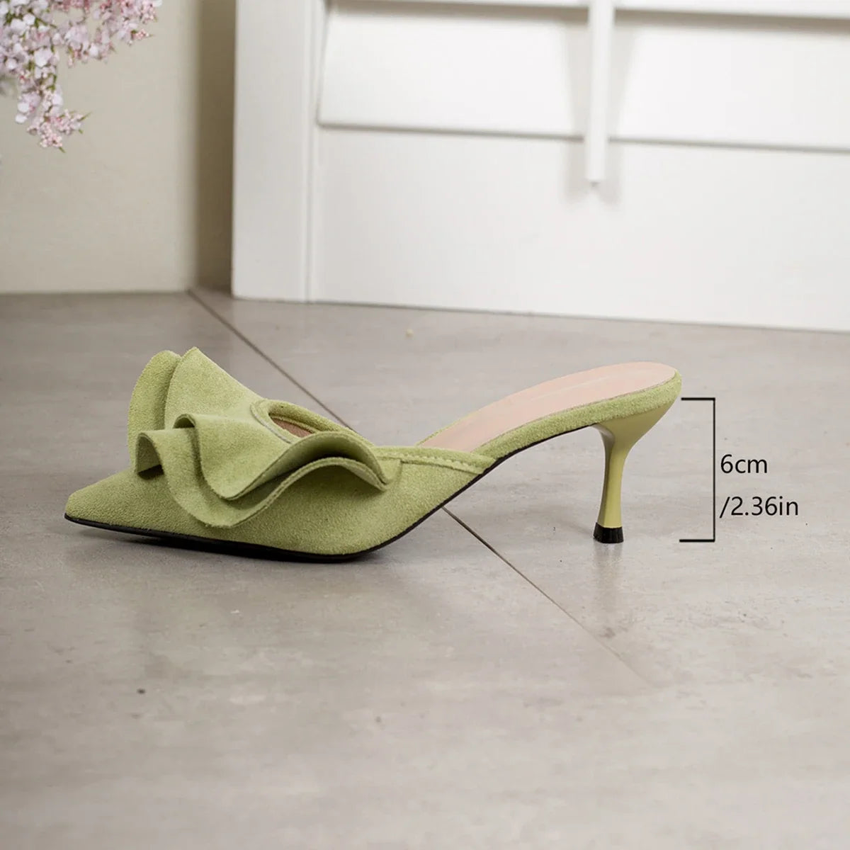 Women Pointed Toe Suede Ruffle Pleated Flare Cup Heel Slide Mules Slip‑On Party Dress Heeled Sandals Multi‑Color