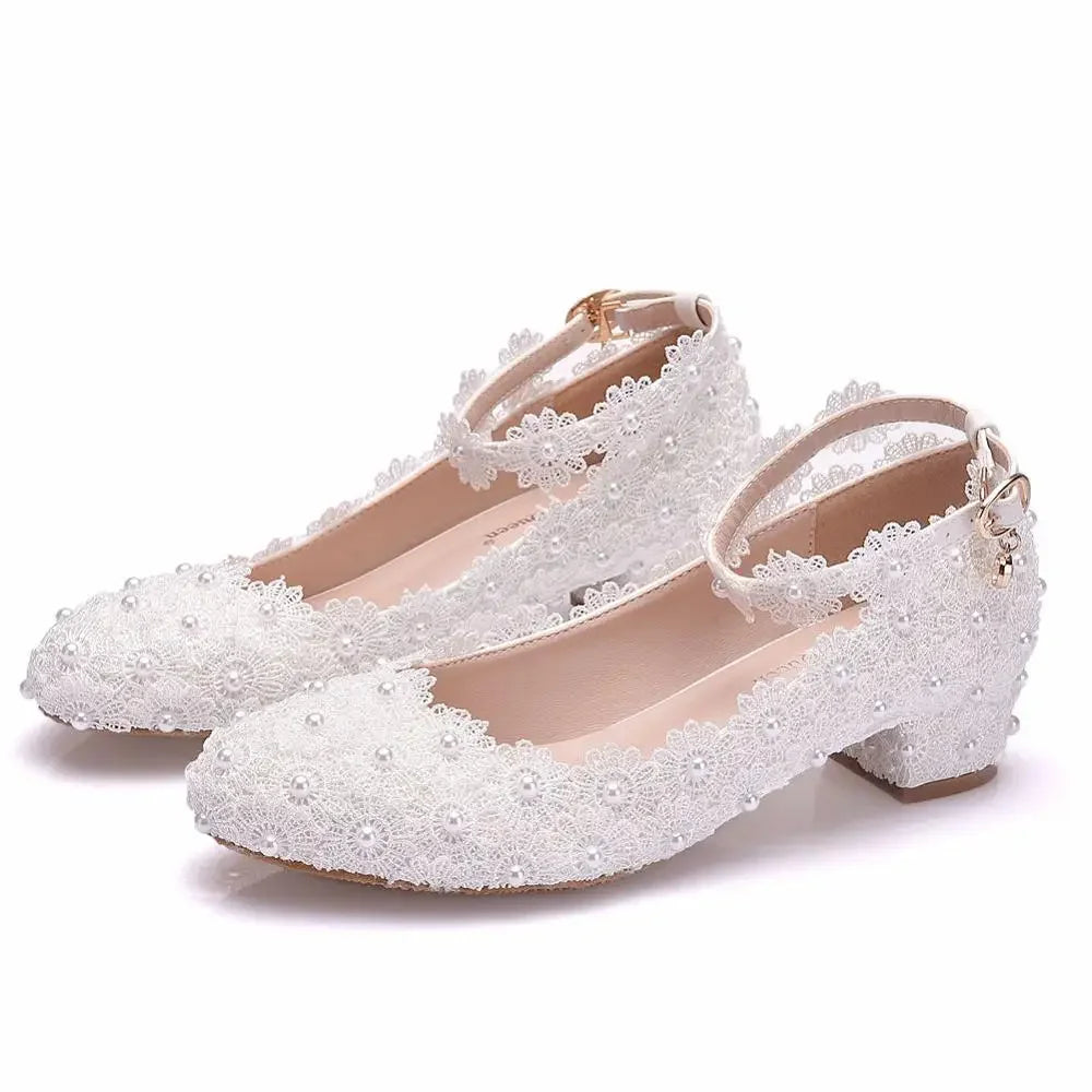 Women 3CM High Heels White Lace Pearl Wedding Shoes Sexy Bride Party Pointed Toe Shallow Mouth Pumps Shoe Bridesmaid Pink