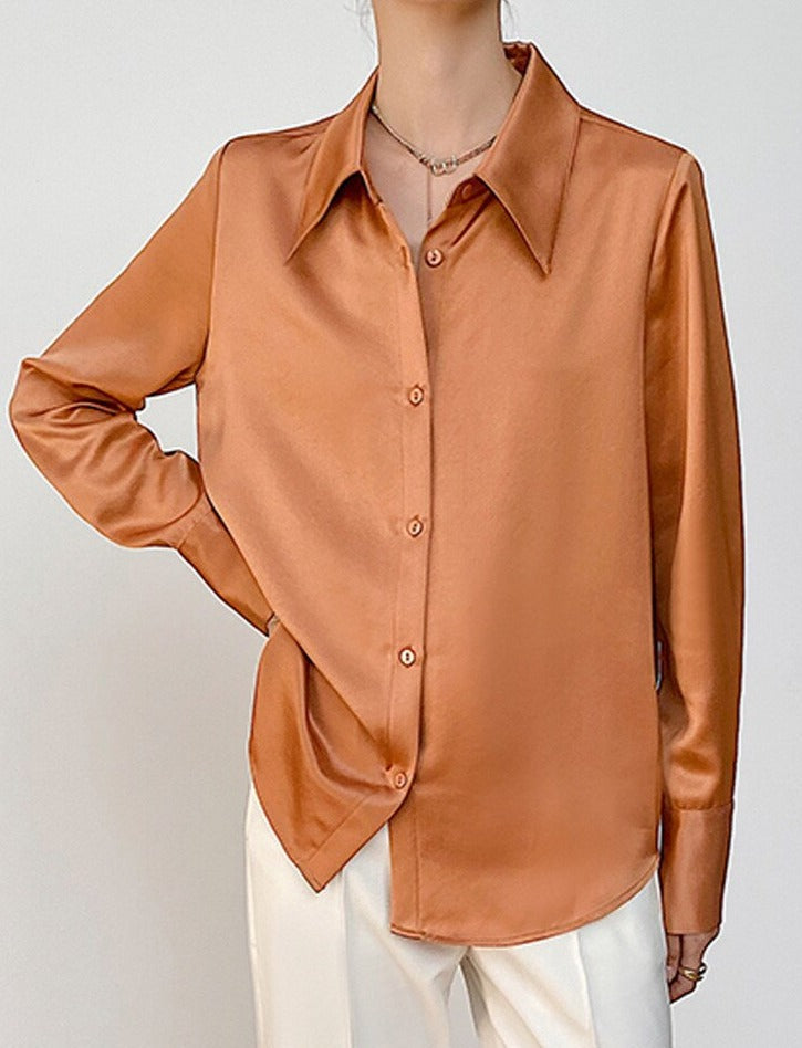 Turn-down Collar Solid Blouses Women Full Sleeve Loose Single-breasted Satin Shirts