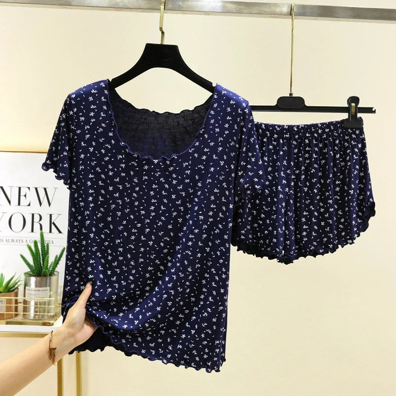 Chic Modal Floral Print 2Pcs Set Soft And Breathable Short-Sleeve Top And Shorts Loose Relaxed Fit Women&