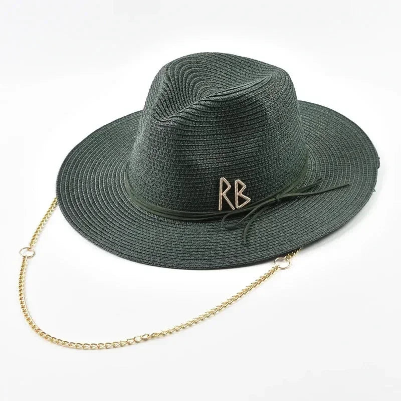 Fashionable Metal RB Letter Straw Hats for Women Men Summer Panaman Jazz Hat Outdoor Holidays Beach Sun Hat
