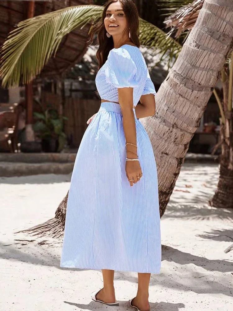 Foridol Striped Women Summer New in Matching Sets Top+skirt Two Piece Set Outfits 2025 Light Blue Beach Casual Elegant Suit