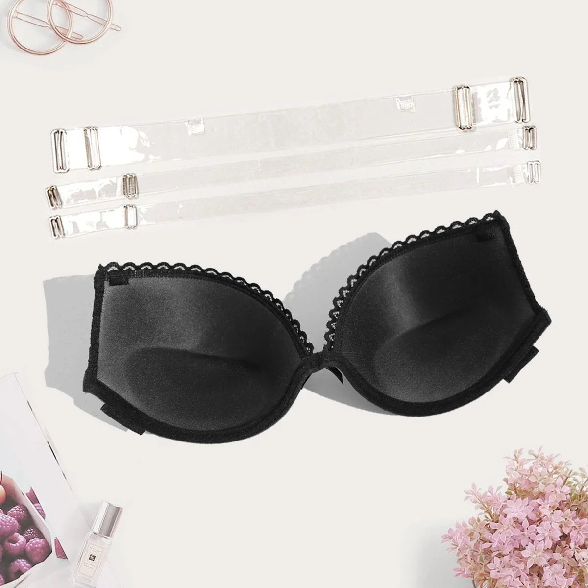 BEAUWEAR Backless Bra with Transparent Straps Thick Pad Push Up Bra with Wire Contrast Color Lace Underwear B C Cup