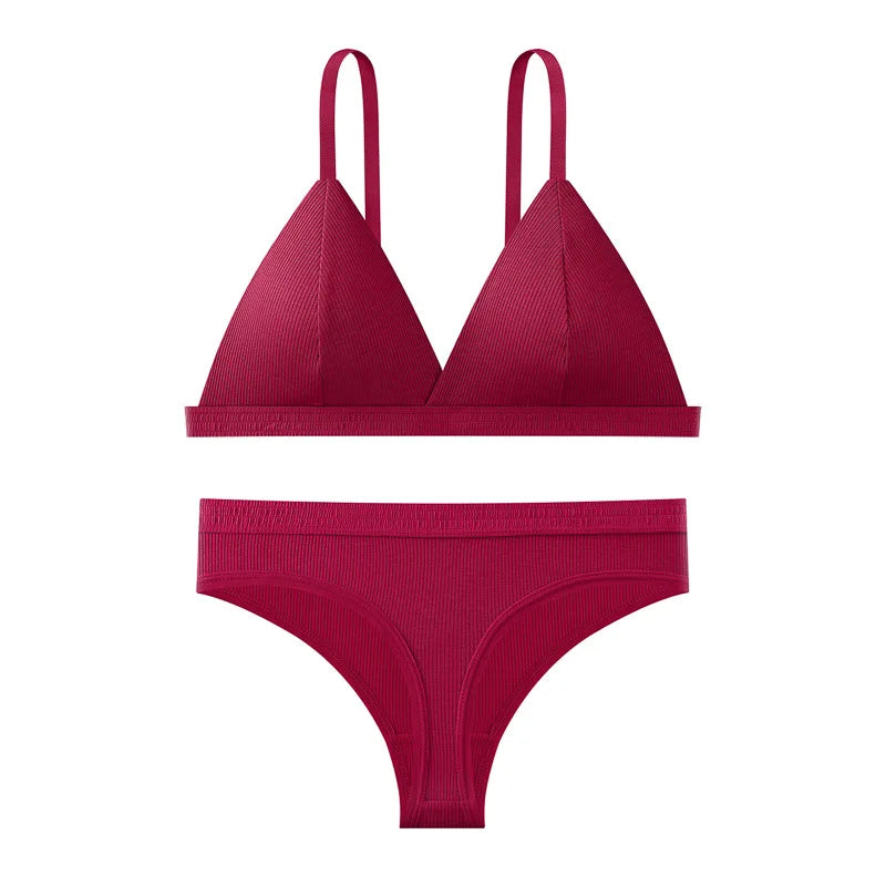 Women Cotton Bra and Panties Set Wireless Push-Up Bra Low-Waist Thongs G-string Sexy Lingerie Women&