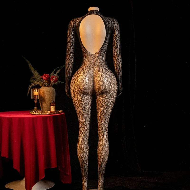 Hot Sexy Lingerie Erotic Crotchless Women Mesh Hollow Bodystockings Full Sleeve Leopard Sling Hanging Neck Underwear Body Suits