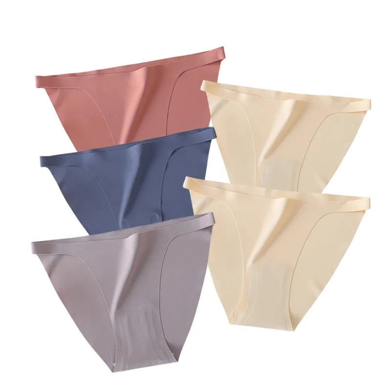 5Pcs/Set Women Seamless Briefs Ice Silk Panties Sexy Low Waist Underwear Female Underpants Solid Color Lingerie M-XL