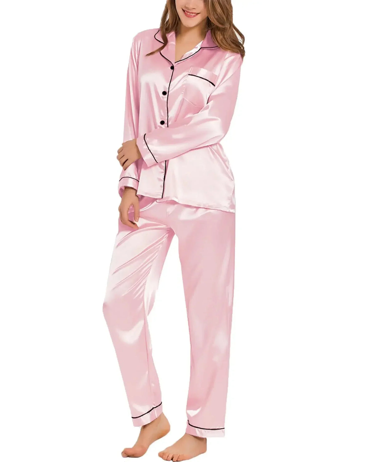 Womens Silk Satin Pajamas Loungewear Two-piece Sleepwear Button-Down Full Sleeve Long Set