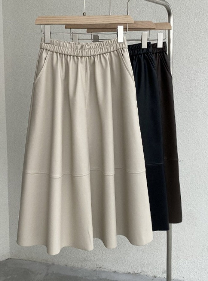 PU Skirts Elastic High Waist Pockets Faux Leather A-line Skirts