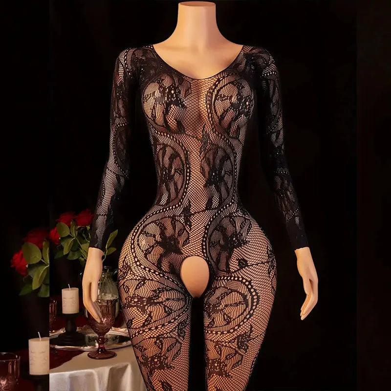 Hot Sexy Lingerie Erotic Crotchless Women Mesh Hollow Bodystockings Full Sleeve Leopard Sling Hanging Neck Underwear Body Suits