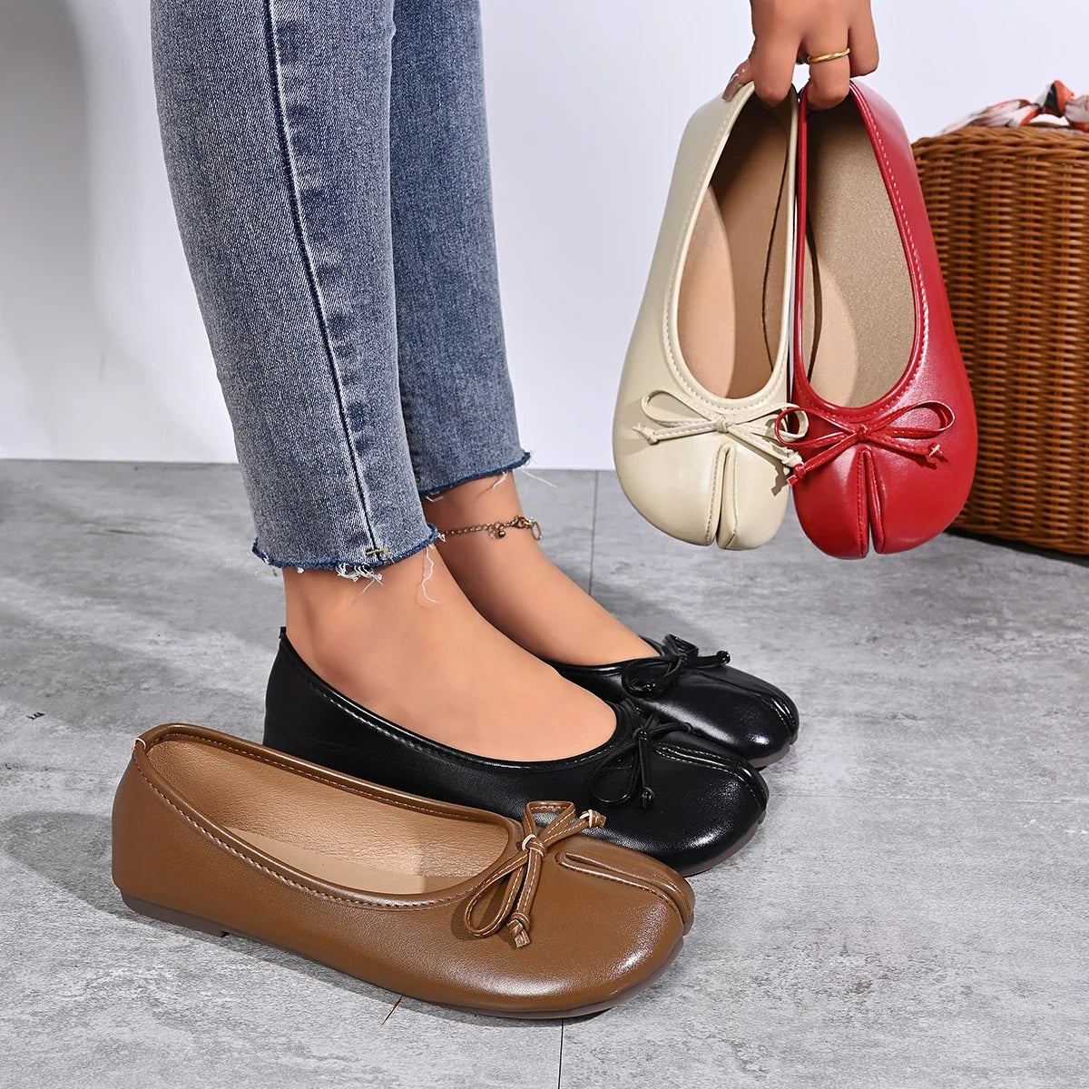Women Tabi Split Toe Ballet Flats Bow Knot Decor Soft Faux Leather Slip On Lightweight Casual Daily Walking Shoes