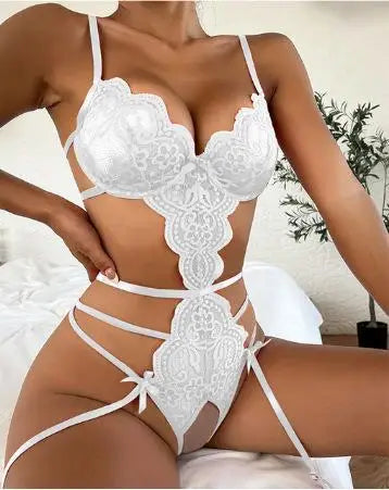 Hot Lace Seamless Bodysuit Sexy Women Underwear Erotic Pajamas Crotchless Deep V Open Bra See Through Babydoll Lingerie Set