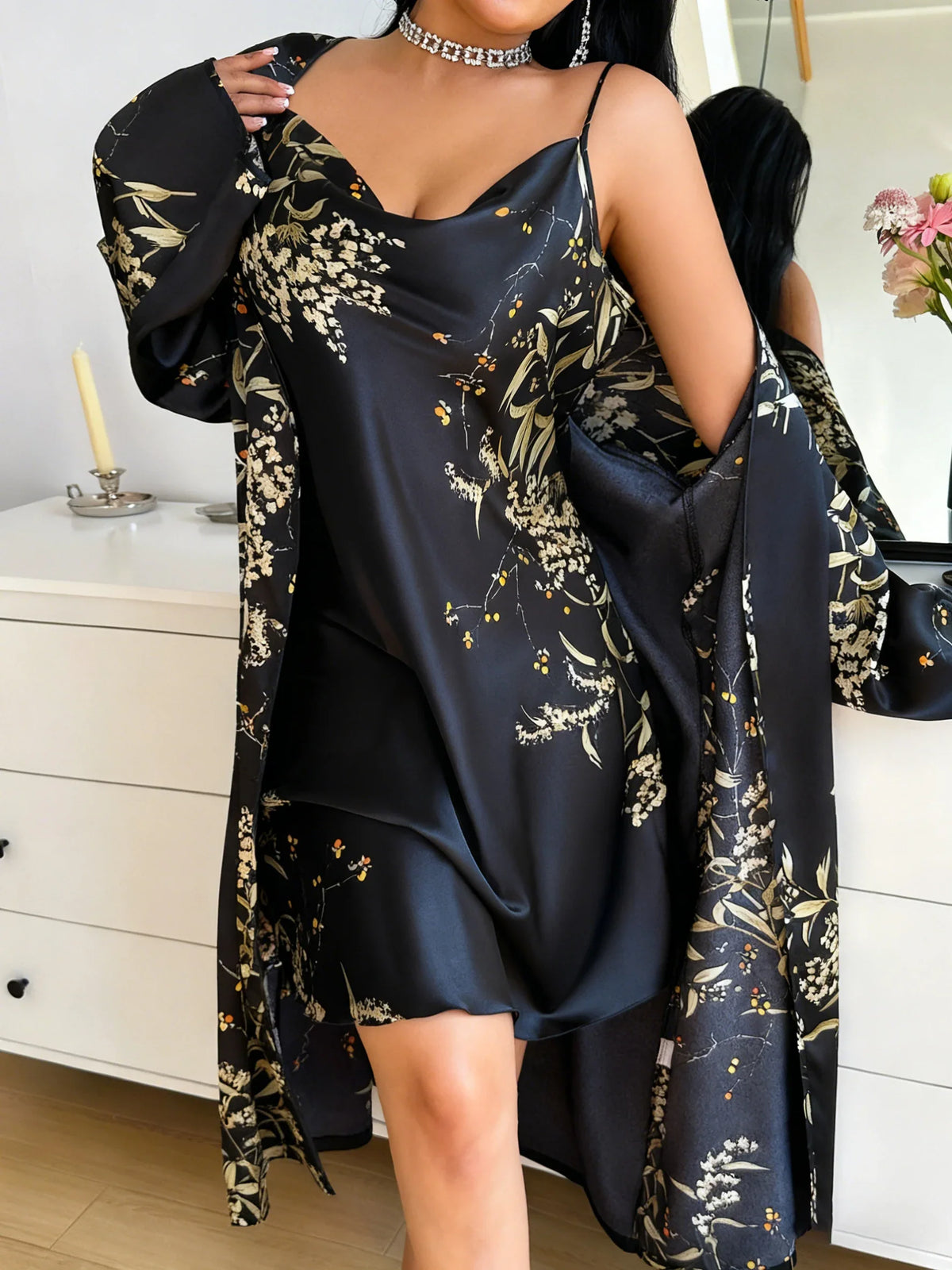 2 Piece Women Satin Pajama Set Cherry Print Elegant Sleepwear Long Sleeve Bathrobe Nightdress For All Season