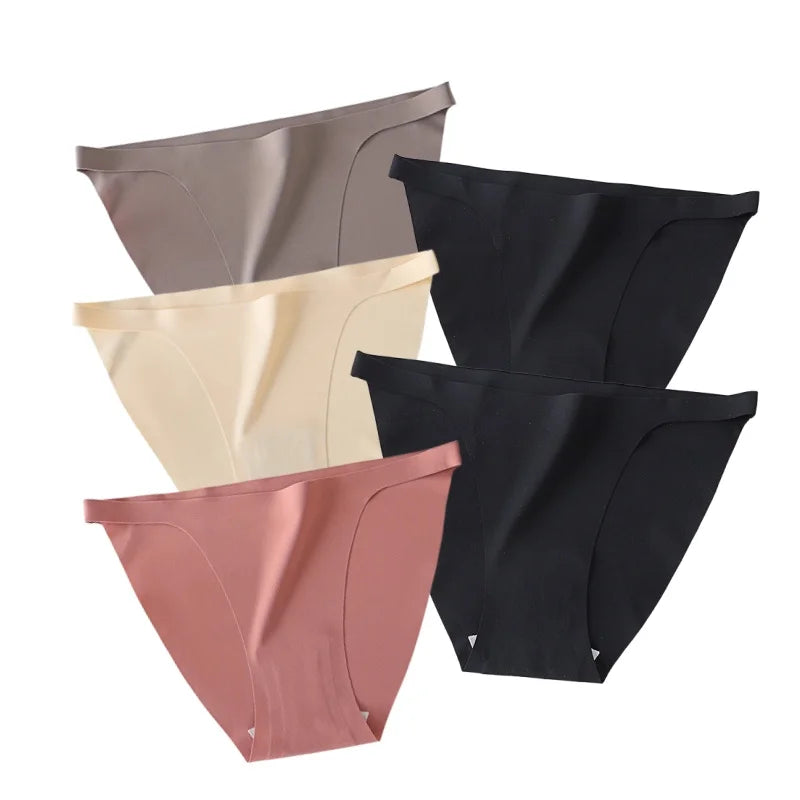 5Pcs/Set Women Seamless Briefs Ice Silk Panties Sexy Low Waist Underwear Female Underpants Solid Color Lingerie M-XL