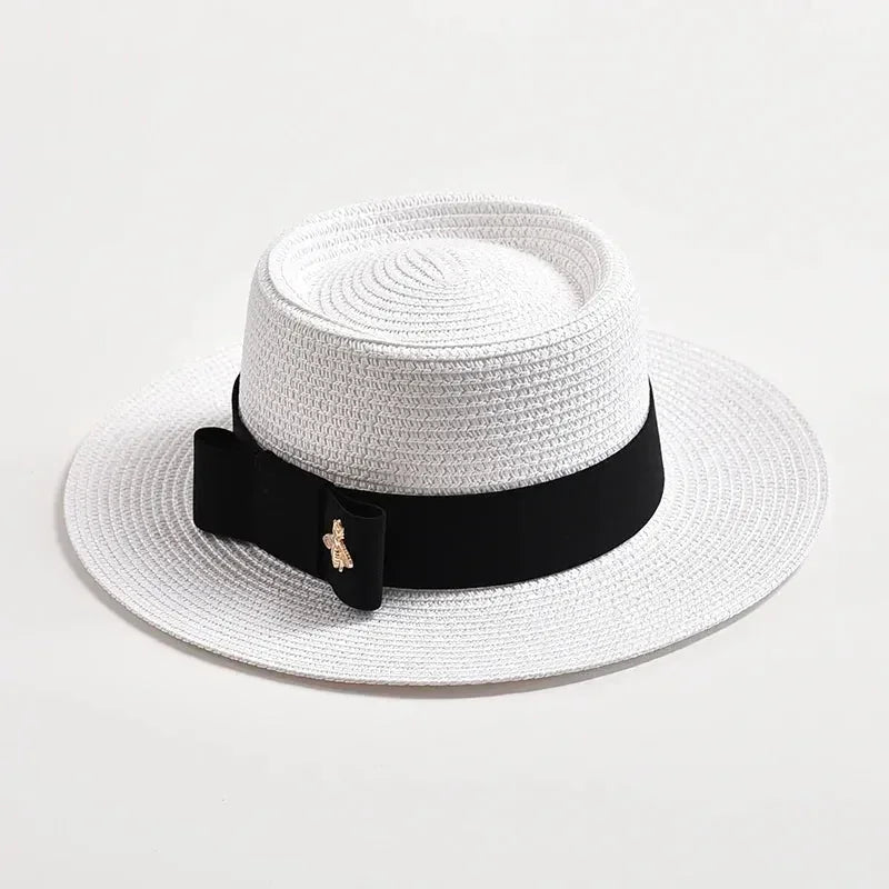 NEW Spring Summer Straw Hats for Women Round Bumpy Surface Flat Top Bowknot Dress Cap Travel Beach Sun Hat Gorra