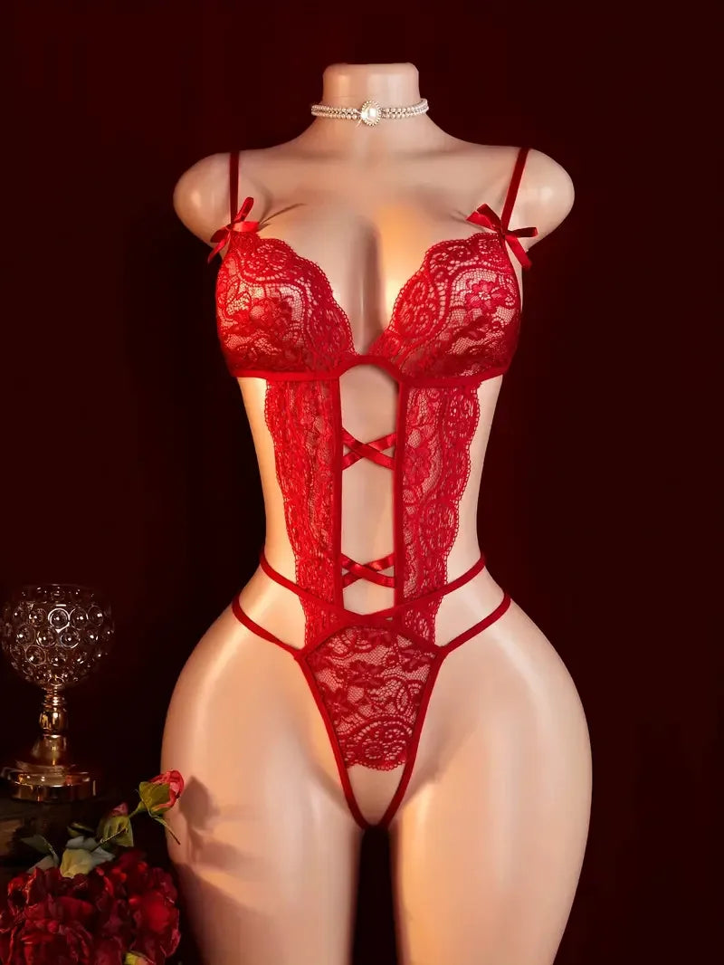 Transparent Lace Lingerie Deep V Hollow Open Bra Erotic Lingerie Set Sexy Crotchless Bodysuit Temptation Pajamas Hot Underwear
