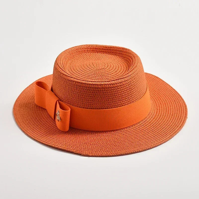 NEW Spring Summer Straw Hats for Women Round Bumpy Surface Flat Top Bowknot Dress Cap Travel Beach Sun Hat Gorra