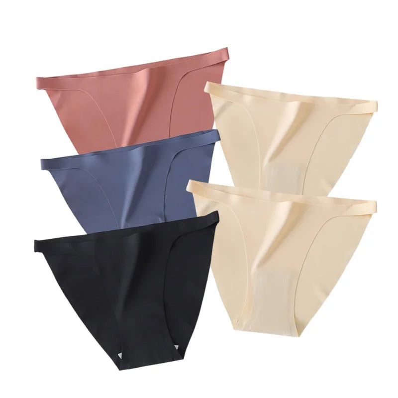 5Pcs/Set Women Seamless Briefs Ice Silk Panties Sexy Low Waist Underwear Female Underpants Solid Color Lingerie M-XL