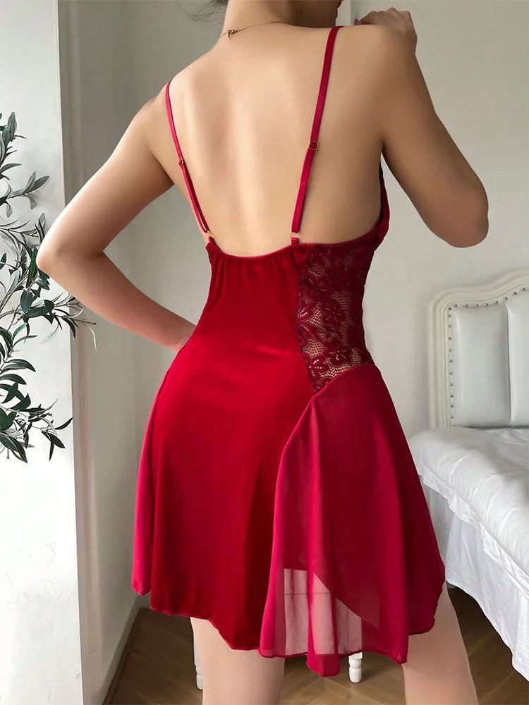 Sexy Velvet Mesh Splicing Sling V-neck Fit And Flare Dress Elegant Pure Colour Temperament Girl Dew Shoulder Dresses New NKGJ