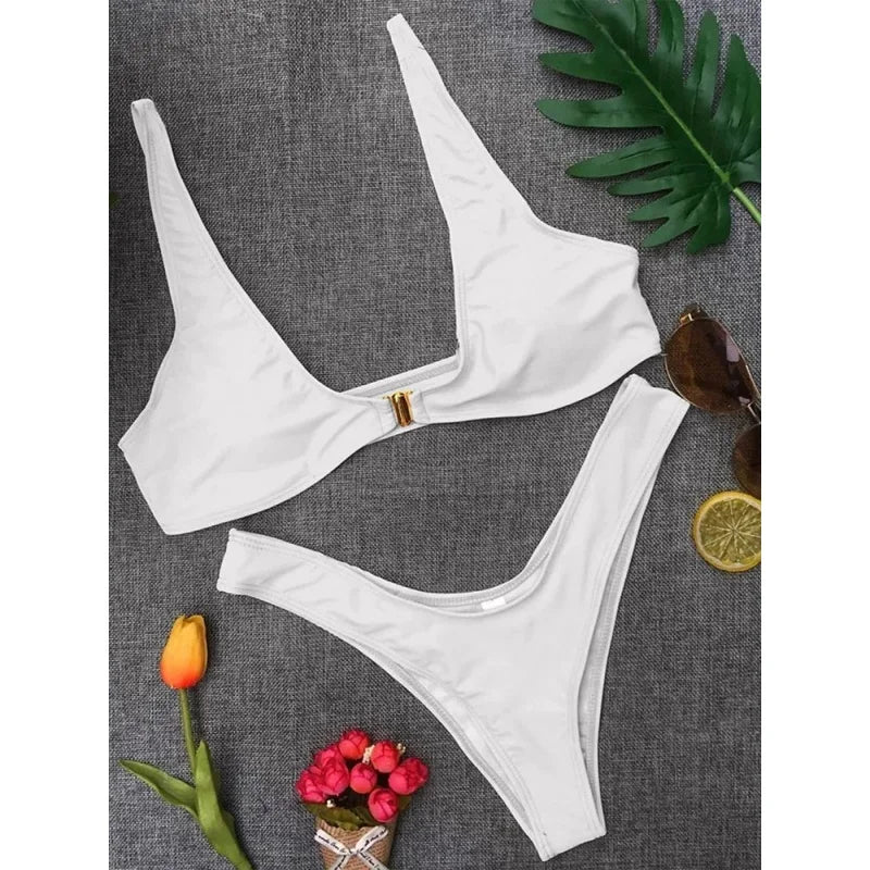 Sexy Backless Bikini Set Swimwear Women Solid Split Bathing Suit Bikini Push Up Summer 2025 New Beach Vacation Two Piece Sets