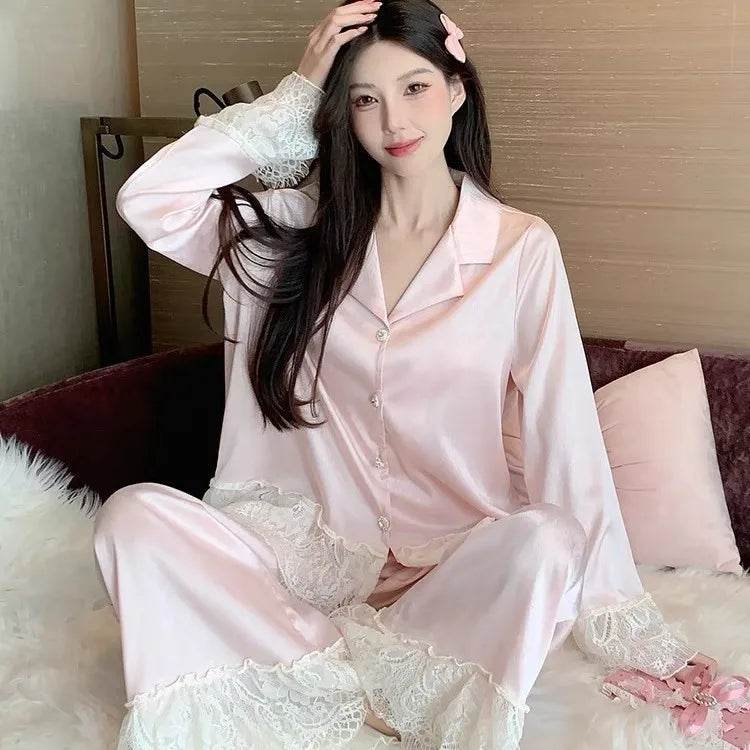 Spring and Autumn Satin New Style Temperament Ice Lace Lace Lace Silk Light Luxury Sleepwear Women&