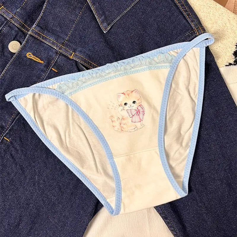 Cotton Girls Panties Cute Cat Sexy Japanese Lace Women Briefs Lady Thong Underwear G String Female Low Waist Lingerie
