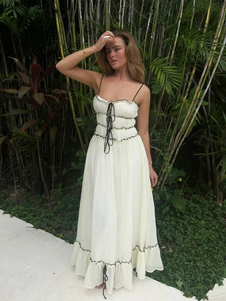 Foridol Spaghetti Strap White Sundress Flounced Edge Women&