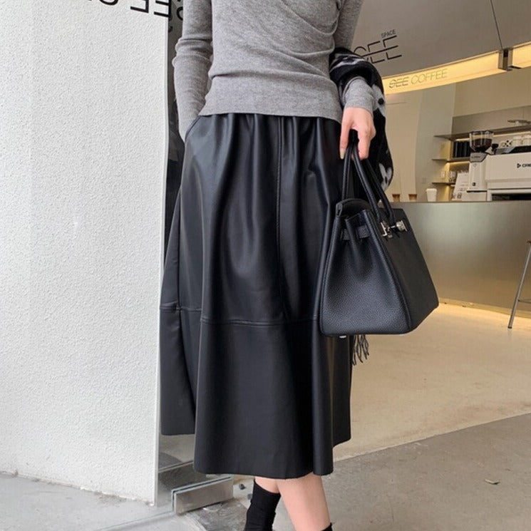 PU Skirts Elastic High Waist Pockets Faux Leather A-line Skirts