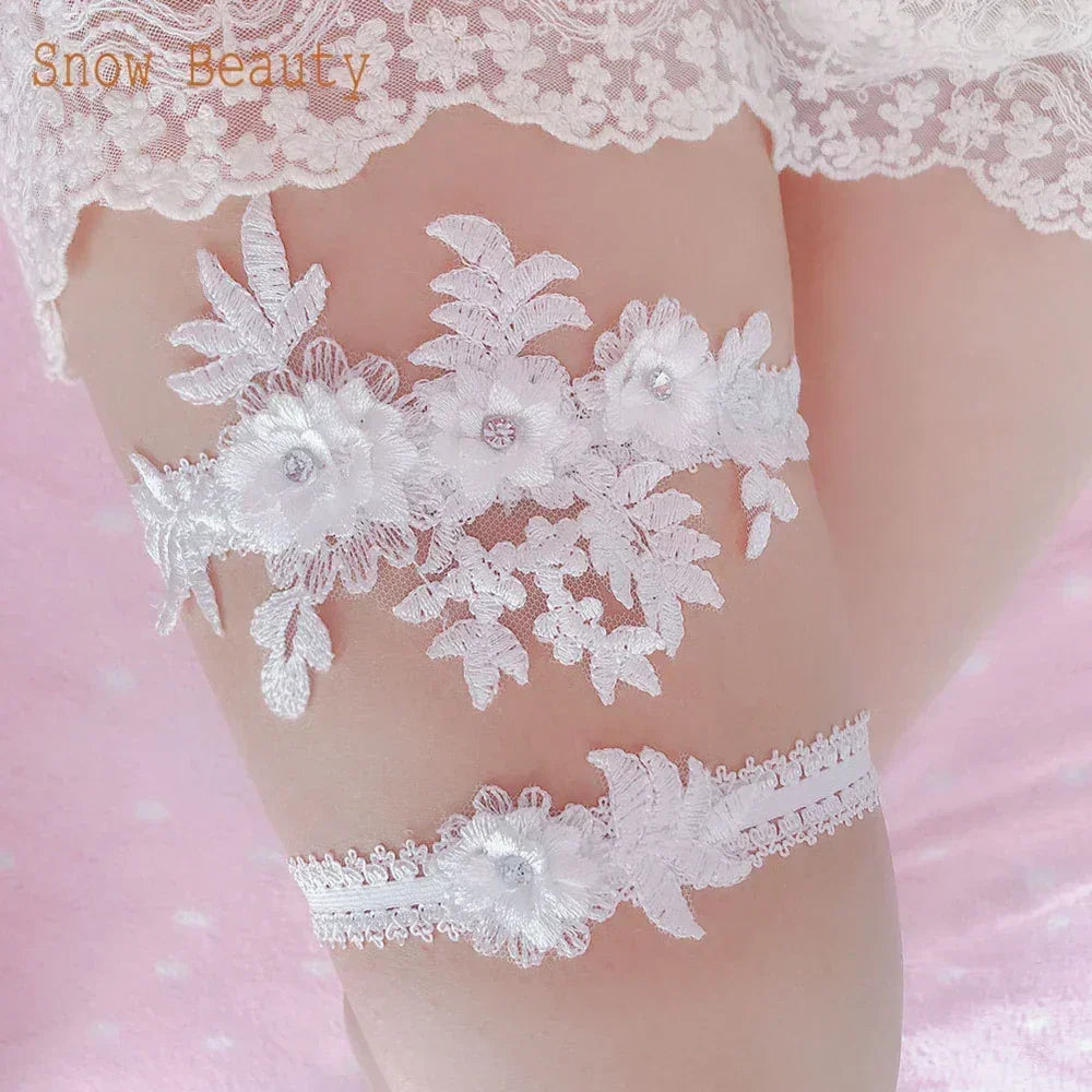 K03 2 PCS Sexy Lace Flower Crystal Pearls Wedding Garter Belt Thigh Ring Bridal Leg Garter Stocking Garter Belt Girl Women