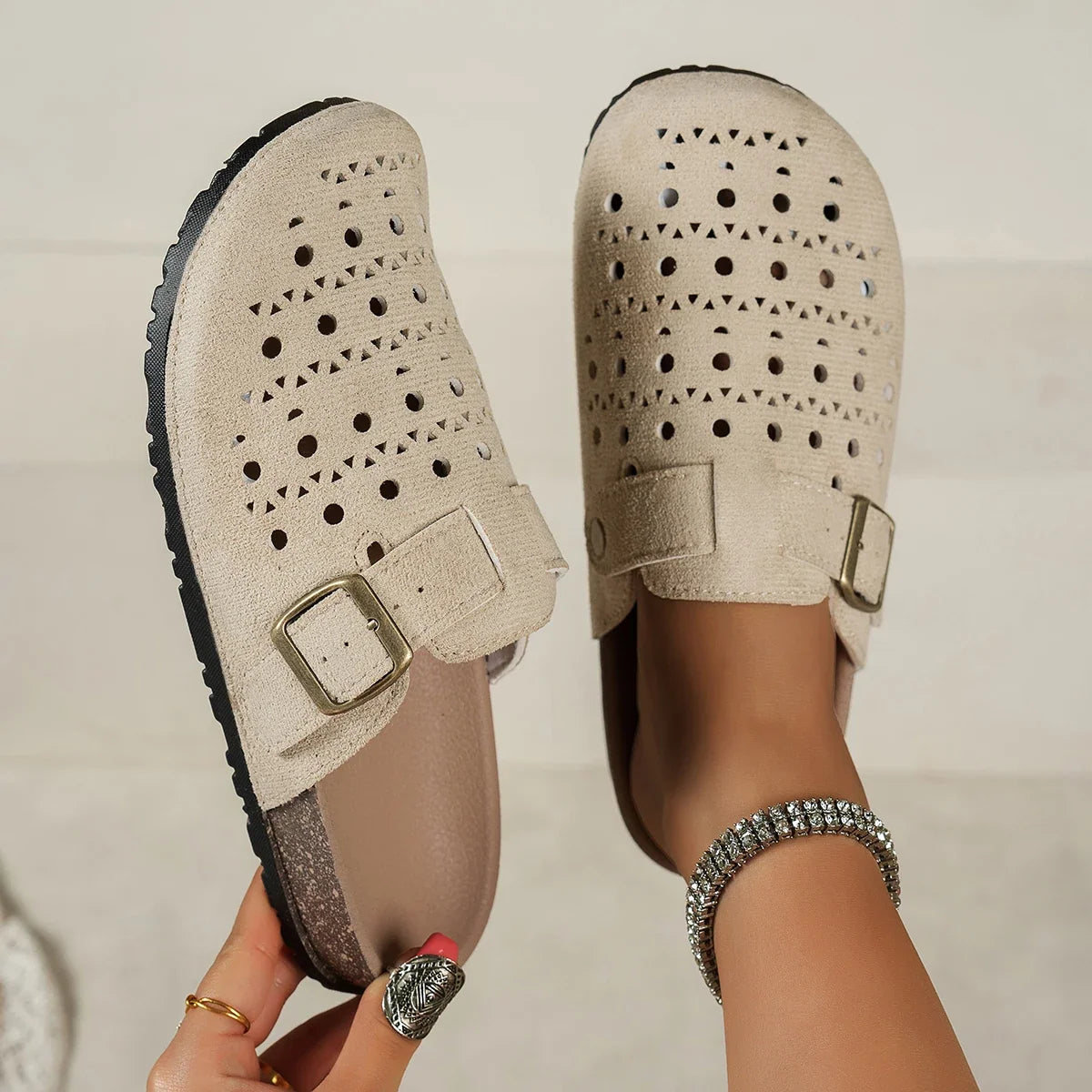 Women Hollow Out Clogs Slippers Perforated Cork Sole Flat Mules Buckle Closed Toe Breathable Indoor Outdoor Summer Shoes