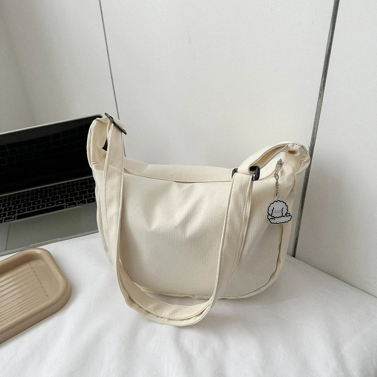 Minimalist Crossbody Bag With Puppy Pendant - Scratch-Resistant Nylon