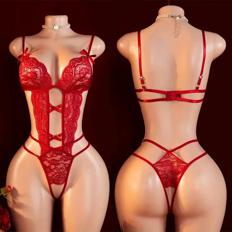 Transparent Lace Lingerie Deep V Hollow Open Bra Erotic Lingerie Set Sexy Crotchless Bodysuit Temptation Pajamas Hot Underwear