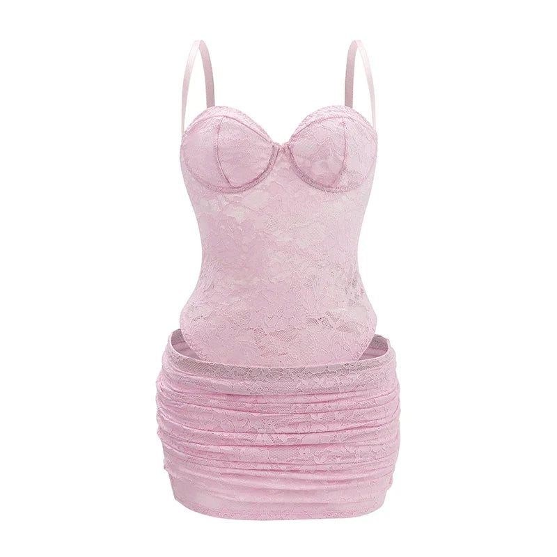 Sexy Women Pink Lace 2 Pieces Set Spaghetti Strap Bodysuit and Ruched Bodyon Mini Skirt Sweetheart Neck Club Party Daily Outwear